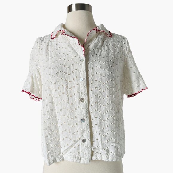 Rouje Paris Aneth White Eyelet Button Shirt Blouse Top - Picture 2 of 8
